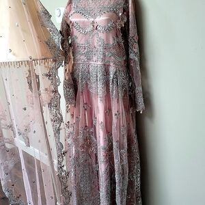 Elegant Pastel pink Organza Satin gown new pearl & silver Grad Wedding Reception